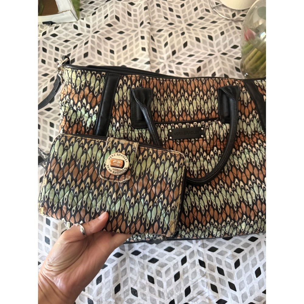 Vera Bradley Deco Daisy Quilted Tote Bag and Turn Lock Wallet Set Green Brown